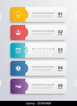 Business infographic banner list with five steps options template. Stock Vector