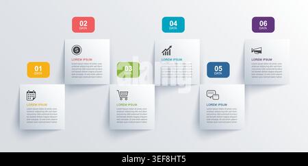 Business infographic timeline with six square options presentation template. Stock Vector