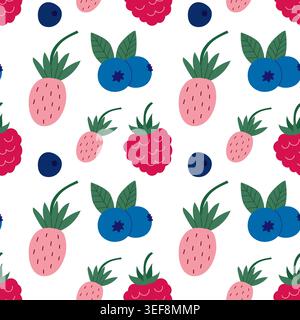 Seamless pattern with strawberries, raspberries, and blueberries. Bright, stylized fruits on clean white background. Perfect for packaging, textiles, Stock Vector