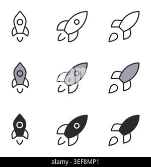 Rocket Launch and Startup Icon Set Line Duotone and Filled Vector Illustration. Stock Vector