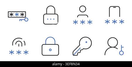 Security Password Authentication Editable Line Icons Set Vector Illustration. Stock Vector