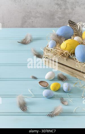 Easter blue and white eggs in wooden box and white tulips Stock Photo
