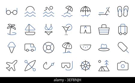 Summer Vacation Line Icons Set Editable Stroke Vector Illustration. Stock Vector