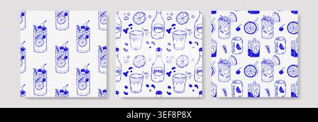 Three blue patterned designs on white background. Each tile features different drink-related motifs like glasses, straws, and ice cubes. Patterns are Stock Vector
