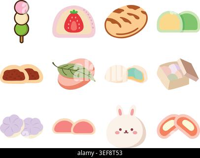 A soft pastel flat illustration set featuring assorted Japanese-inspired sweets and desserts Stock Vector