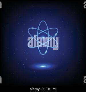 Abstract glowing atom icon with electrons and nucleus on a dark blue starry space background Stock Vector
