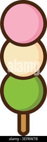 Simple illustration of three round sweet dumplings in pink cream and green stacked on a wooden skewer. Stock Vector