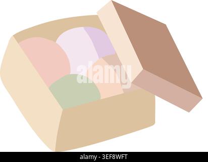 Simple illustration of an open box filled with assorted pastel colored sweets and a raised lid. Stock Vector