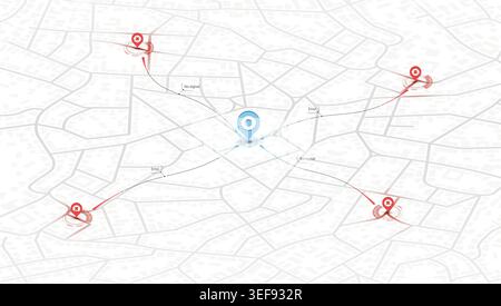 Error with map navigation with red color point markers. Navigation system broke. Isometric vector illustration on white background Stock Vector