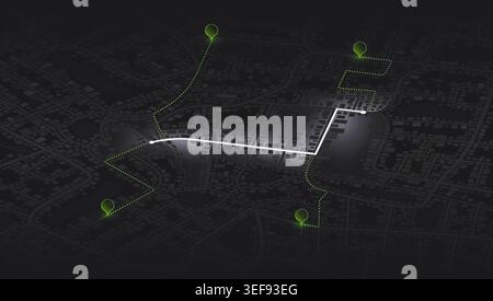 Dark isometric city map with glowing white navigation path and multiple green location markers for tracking concept. Vector illustration. Stock Vector