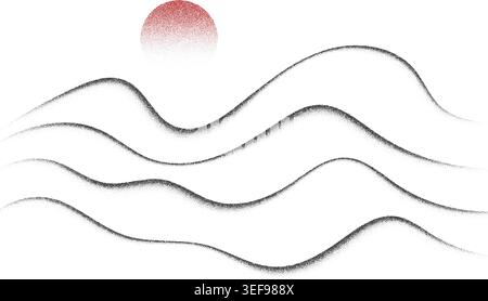 Grainy mountains background. Stipple sand textured waves and moon. Halftone vector illustration with dunes and hills. Desert dotted landscape Stock Vector
