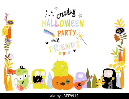 Cartoon Halloween Floral Frame With Funny Monsters Band playing Crazy Music Stock Vector
