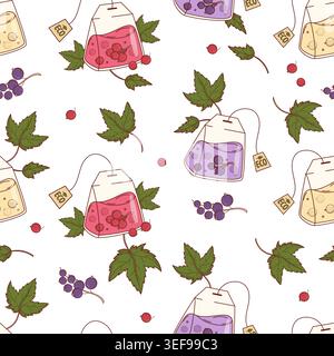 Red, Black and White Currant Herbal Tea Seamless Pattern. Transparent Pyramid Natural Eco Drink Bags with Berries and Leaves on White Background. Vect Stock Vector