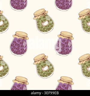 Green and Purple Gooseberry Jam Seamless Pattern. Delicious Homemade in Glass Jars on White Background. Square garden Fruit template. Vector Illustrat Stock Vector