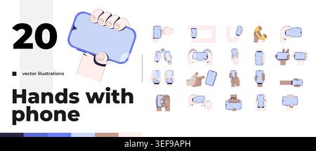 Diverse hands holding blank phones in multiple gestures instruction graphic pack Stock Vector