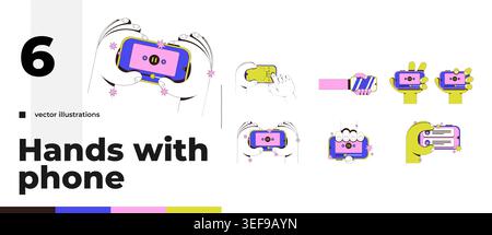 Various phone gestures neubrutalism instruction graphic pack Stock Vector