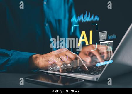 ai generative technology empowers user typing command prompt on laptop keyboard for data automation, futuristic digital graphics display process to ge Stock Photo