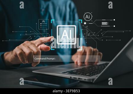 Ai technology assists person using laptop to connect with smart artificial intelligence software, finger touches digital hologram showing command prom Stock Photo