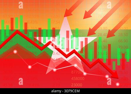 Myanmar Economy. Flag of Myanmar with Falling Financial Graph. Economic Crisis and Global Recession Concept. Vector Illustration. Stock Vector