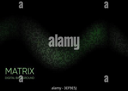 Green glowing binary wave on dark background with futuristic matrix digital technology design Stock Vector