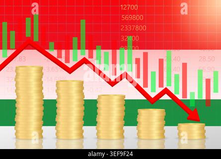 Hungary Economy. Flag of Hungary with Falling Financial Graph. Economic Crisis and Global Recession Concept. Vector Illustration. Stock Vector