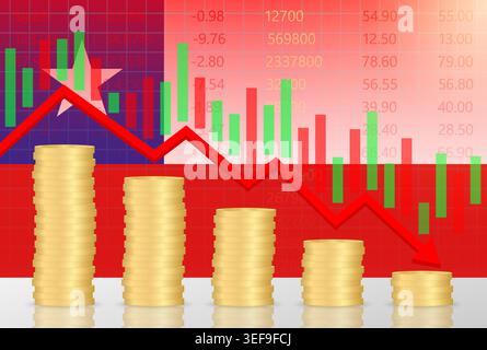 Chile Economy. Flag of Chile with Falling Financial Graph. Economic Crisis and Global Recession Concept. Vector Illustration. Stock Vector