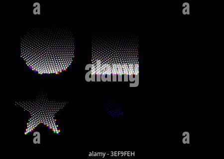Abstract colorful glitch geometric symbols with pixel distortion effect on black digital background Stock Vector
