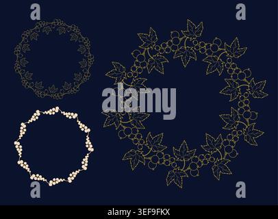 Navy Blue and Gold Currant Wreaths Set. Line Art Botanical Circle Frames with Berries and Leaves with Empty Copy Space. Isolated Vector illustration Stock Vector