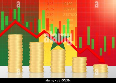 Senegal Economy. Flag of Senegal with Falling Financial Graph. Economic Crisis and Global Recession Concept. Vector Illustration. Stock Vector