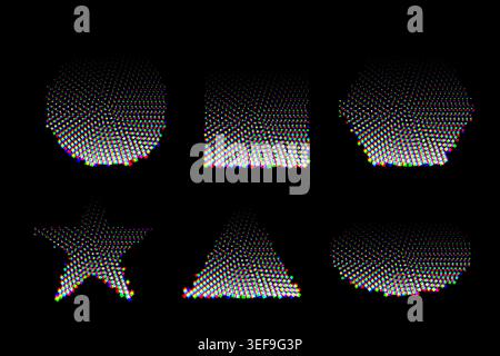 Abstract colorful glitch geometric symbols with pixel distortion effect on black digital background Stock Vector