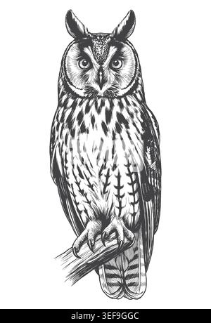 Classic hand-drawn sketch of a long-eared owl with detailed feathers. Perfect for wildlife merchandise, tattoo designs, and rustic brand identity. Stock Vector