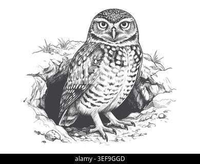 Detailed vintage engraving of a burrowing owl standing near its burrow hole. Ideal for wildlife graphic resources, t-shirt designs, and rustic posters Stock Vector