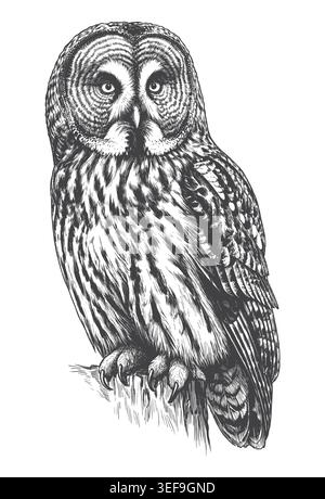 Detailed hand-drawn illustration of a great grey owl perched on a branch. Perfect for wildlife conservation campaigns, t-shirt designs, and rustic nat Stock Vector
