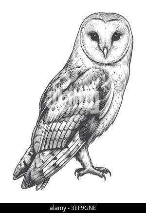 Beautiful hand-drawn barn owl illustration in an antique engraving style. Great for rustic nature branding, wildlife conservation posters, and t-shirt Stock Vector