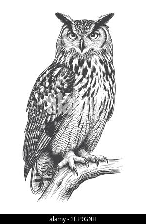 Detailed engraving of a horned eagle owl perched on a branch. Excellent for wildlife apparel, sports mascot logos, and natural history graphic resourc Stock Vector
