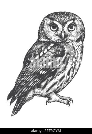 Classic retro line art illustration of a little owl isolated on a white background. Ideal for natural history prints, woodland creature branding, and Stock Vector