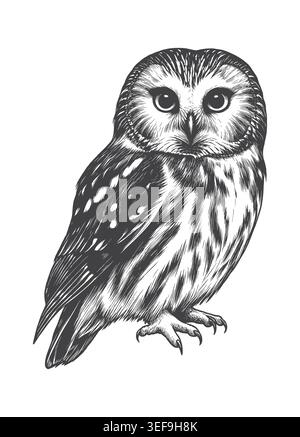 Detailed vintage engraving style illustration of a small saw-whet owl. Perfect for nature-themed apparel, ornithology graphics, and rustic logo design Stock Vector