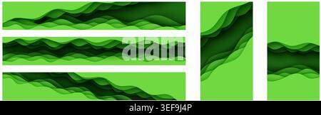 Paper cut top border set featuring 3D slime abstract bg with layered green waves. Collection of abstract layout flyer for eco brochure. Papercut banne Stock Vector
