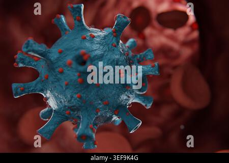 blue virus particle with red spikes inside a blood vessel. Concept for medical research, viral infection, microbiology, and pandemic outbreak. Hantavi Stock Photo