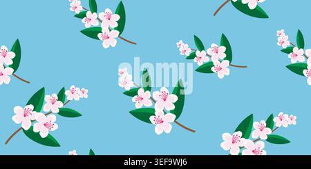 Seamless bloom floral pattern of cute small white and pink flowers with green leaves on blue background, simple vintage ditsy draw style. Vector botan Stock Vector