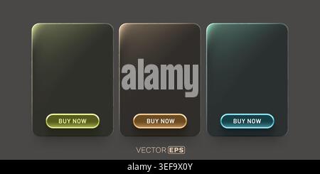 Elegant dark UI cards with glowing Buy Now buttons, ideal for modern web and app interfaces. Vector illustration Stock Vector