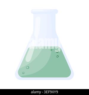 Flat design illustration of a triangular glass conical laboratory flask filled with green bubbling liquid and small round bubbles, isolated on white b Stock Vector