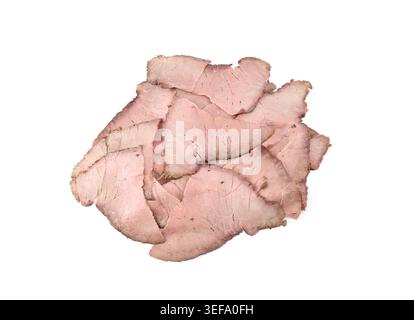 Heap of slices of cold cuts roast beef on white background. Stock Photo