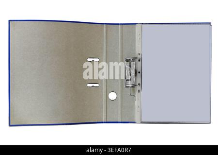 Open ring binder with blue edge providing organized storage for papers and important office documents. Isolated Stock Photo