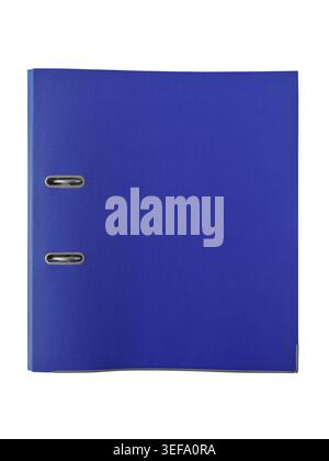 Blue textured lever arch file case on a white background, organizing documents for office, education, and archiving. Isolated Stock Photo