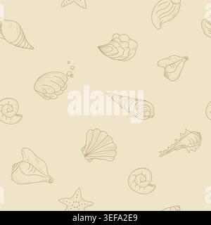 Seashells and starfish, seamless hand-drawn pattern. Vector illustration. Marine inhabitants from the ocean floor, the drawing is isolated on a beige Stock Vector