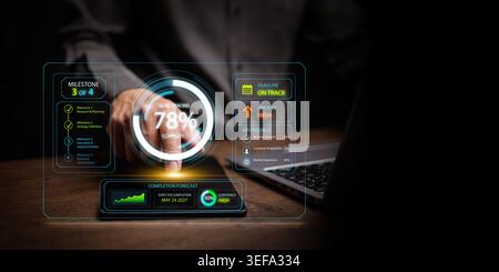 Businessman uses goal tracing dashboard with 78% progress, milestone checklist, deadline, priority, KPI growth and completion forecast. Strategic plan Stock Photo