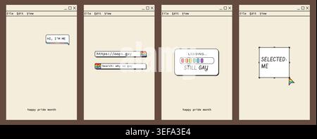 Set of LGBTQ Pride Month vertical banners with retro computer OS window aesthetic. Vintage 90s user interface social media story templates with Stock Vector