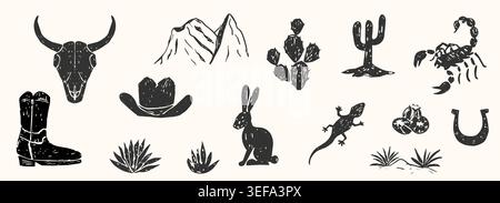 Desert icons vintage woodcut or linocut, grunge texture snake, skull silhouette, wild West. Boho engraving print set, canyon wildlife. Horseshoe, cactus, desert plants and animals. Vector illustration Stock Vector
