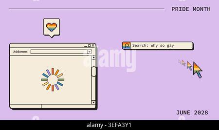 Retro computer browser window with pixel art rainbow heart and cursor for pride month. Vintage 90s aesthetic user interface for lgbtq celebration and Stock Vector